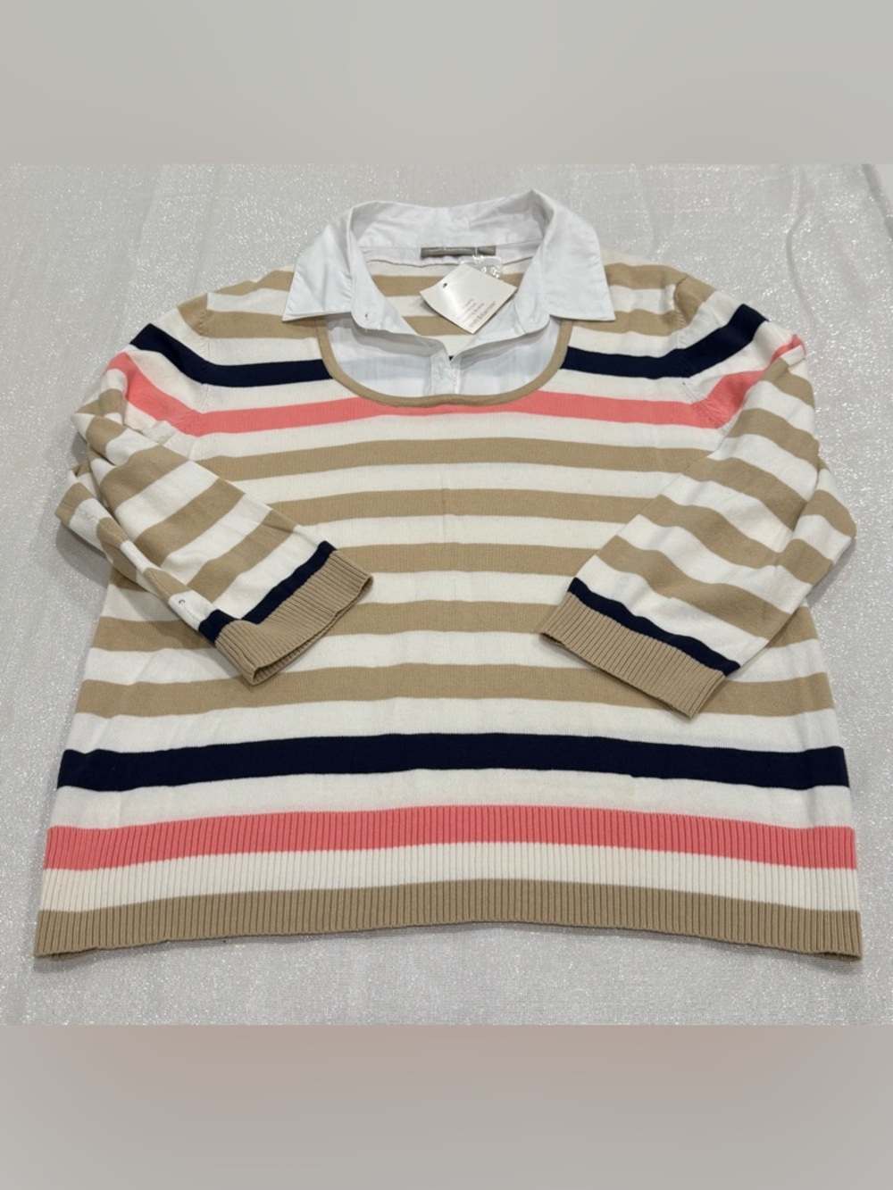 croft & barrow Beige White Navy Pink Striped Faux-Layered Sweater Top